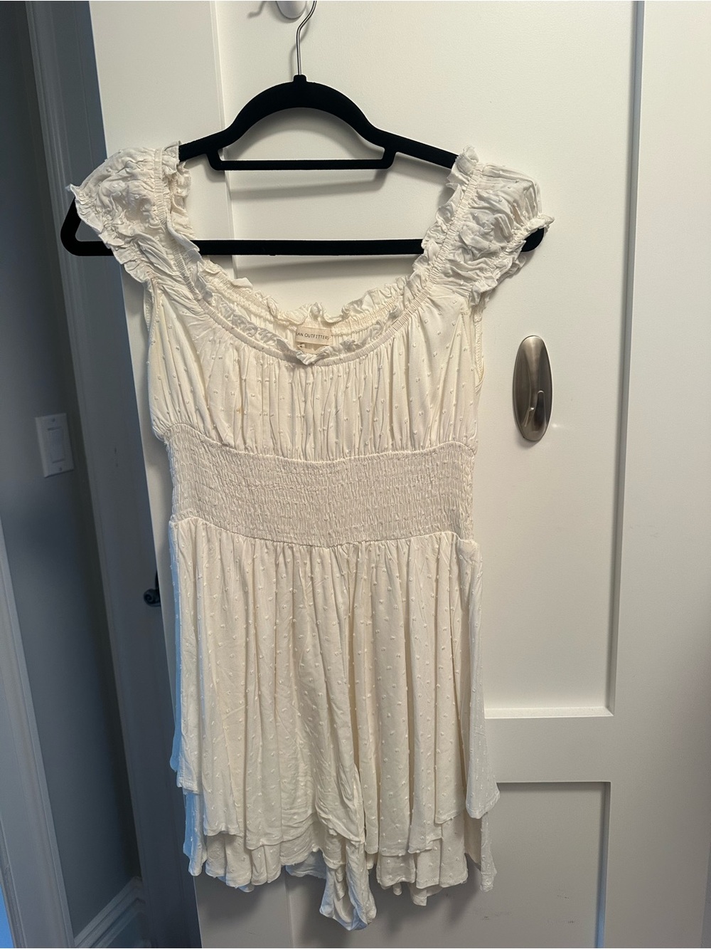 Urban Outfitters Cream Smocked Dot Ruffle Sleeve Tunic